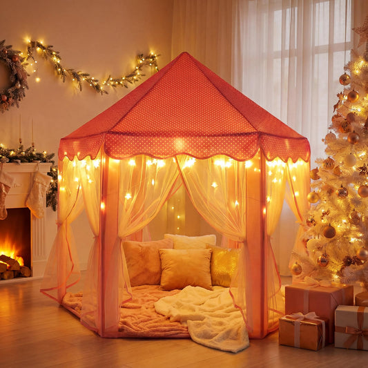 Sumbababy fairy star lights inside pink tent for cozy storytelling