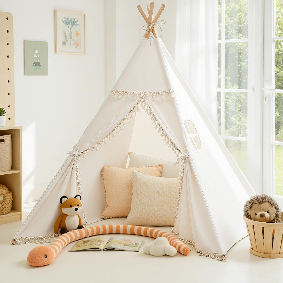 Sumbababy Kids Teepee fringe front view showcasing cozy sleepover setup.