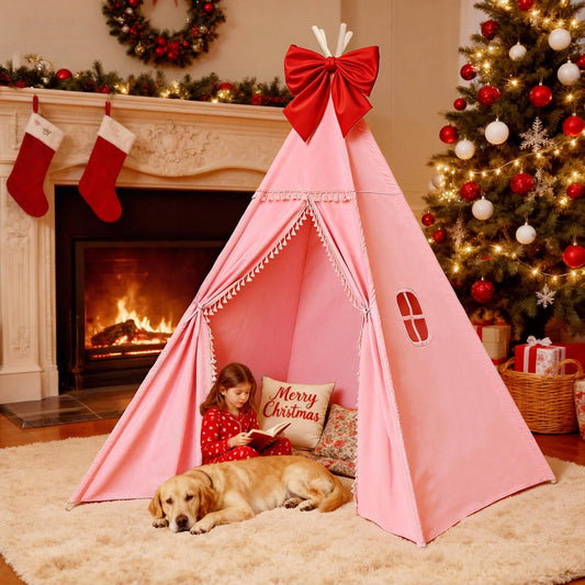 Sumbababy large pink teepee tent front view offers a cozy kids' play space.
