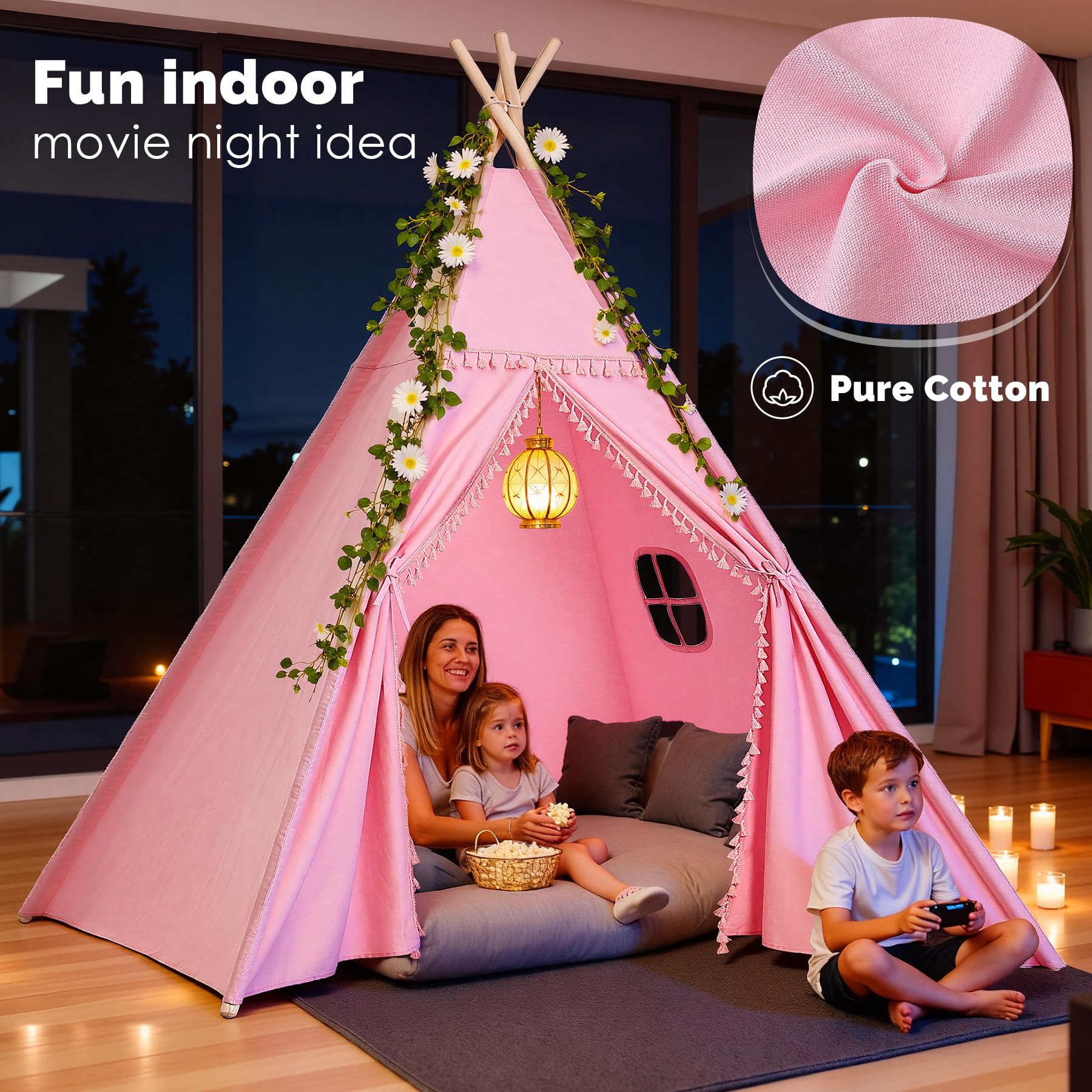 Sumbababy pink teepee with wood pole highlights sturdy setup and easy assembly.