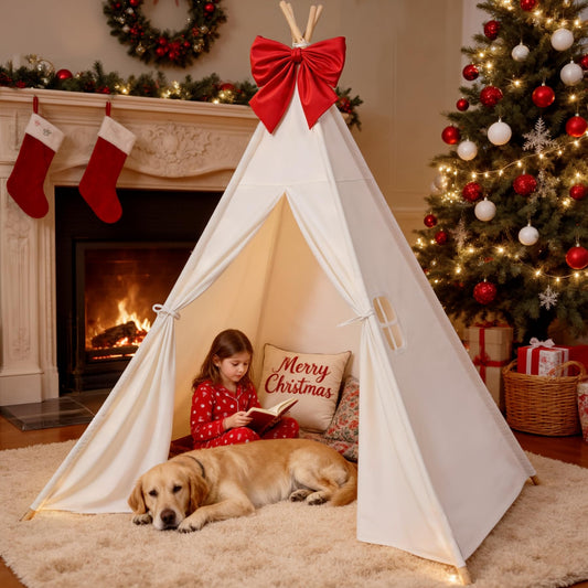 Sumbababy large teepee tent exterior front view with durable white canvas for lasting play.