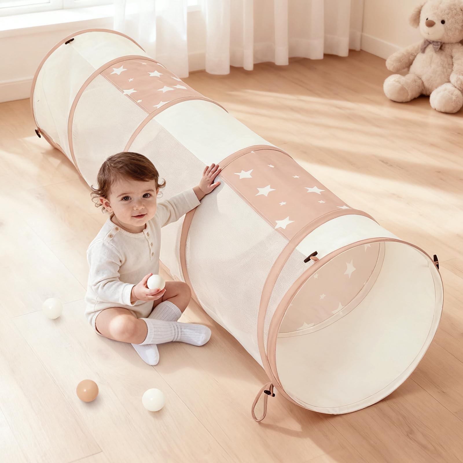 Sumbababy tunnel toy ideal for safe supervised crawling sessions indoors.
