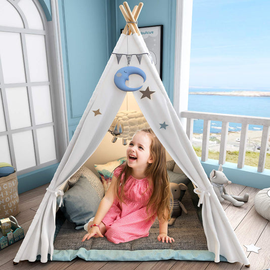 Sumerice Teepee tent front curtain open, inviting a private reading nook.