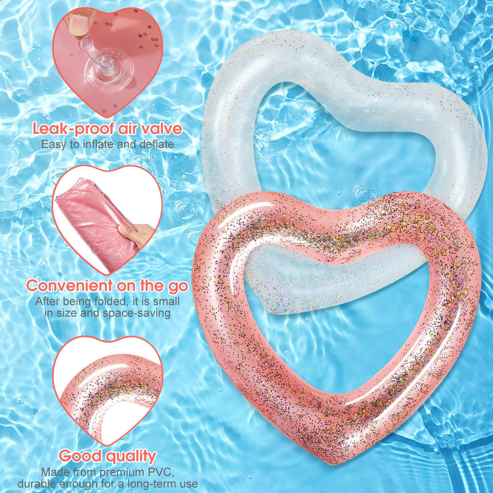 Sumind adult-size heart float measures 47.3 by 39.4 inches for comfortable lounging.