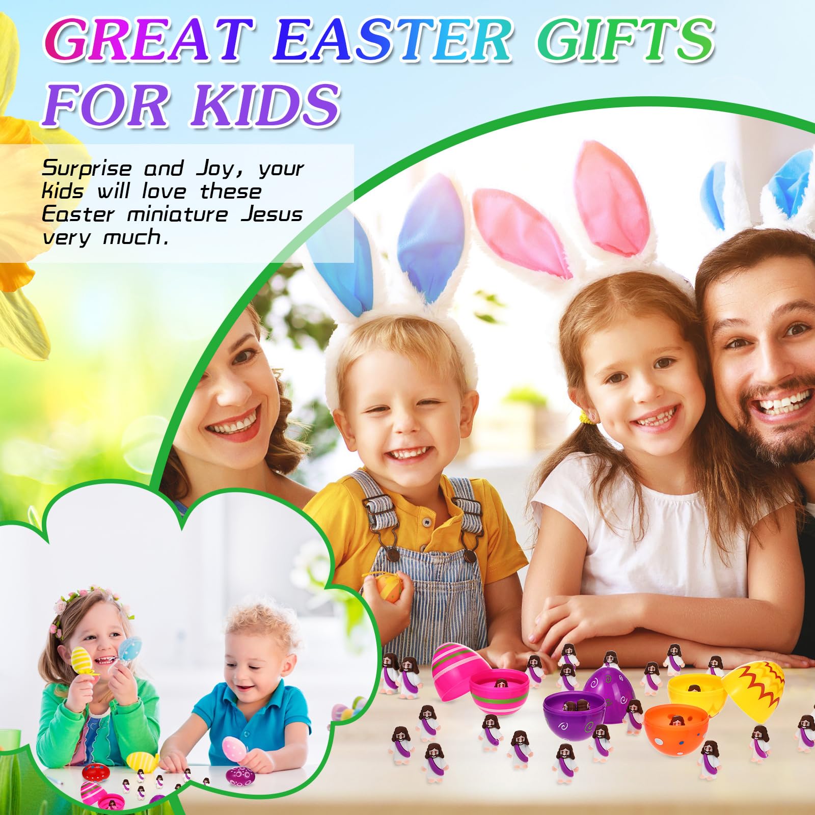 Sumind Jesus figurines on shelves, perfect as Sunday prizes.