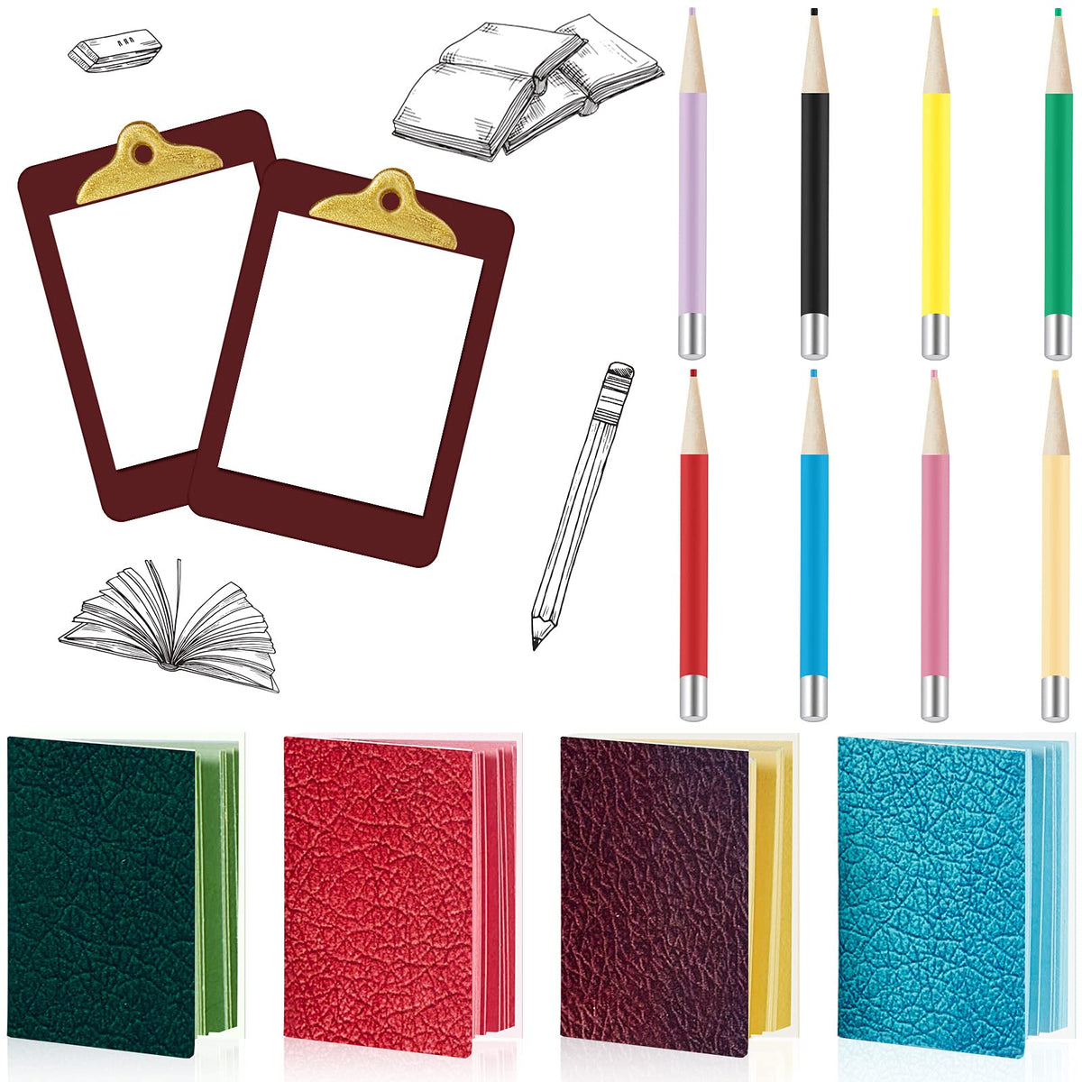 Sumind miniature books with pencils and clipboards for dollhouse decor and imaginative play.