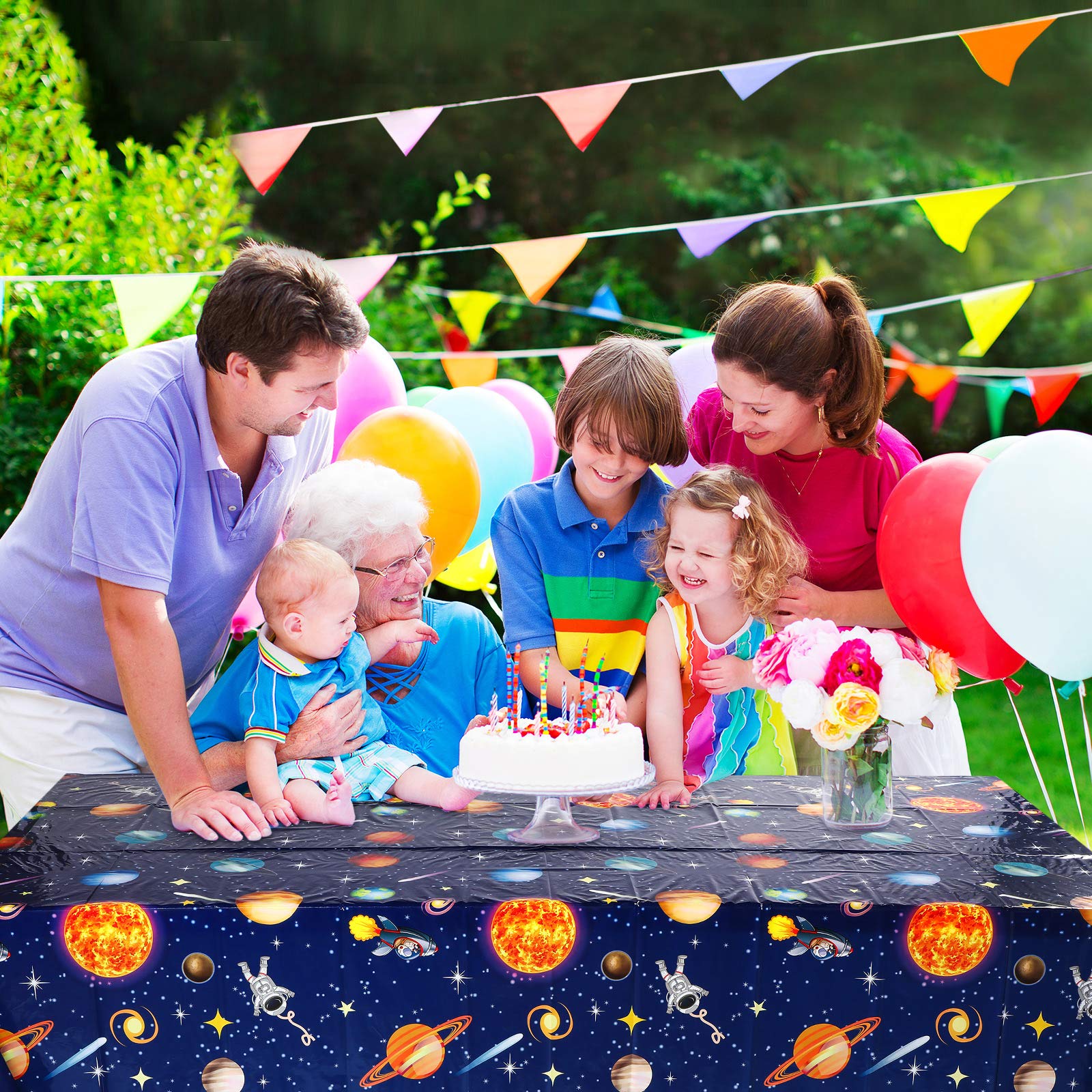 Sumind indoor or outdoor use table cover doubles as a backdrop for decor.