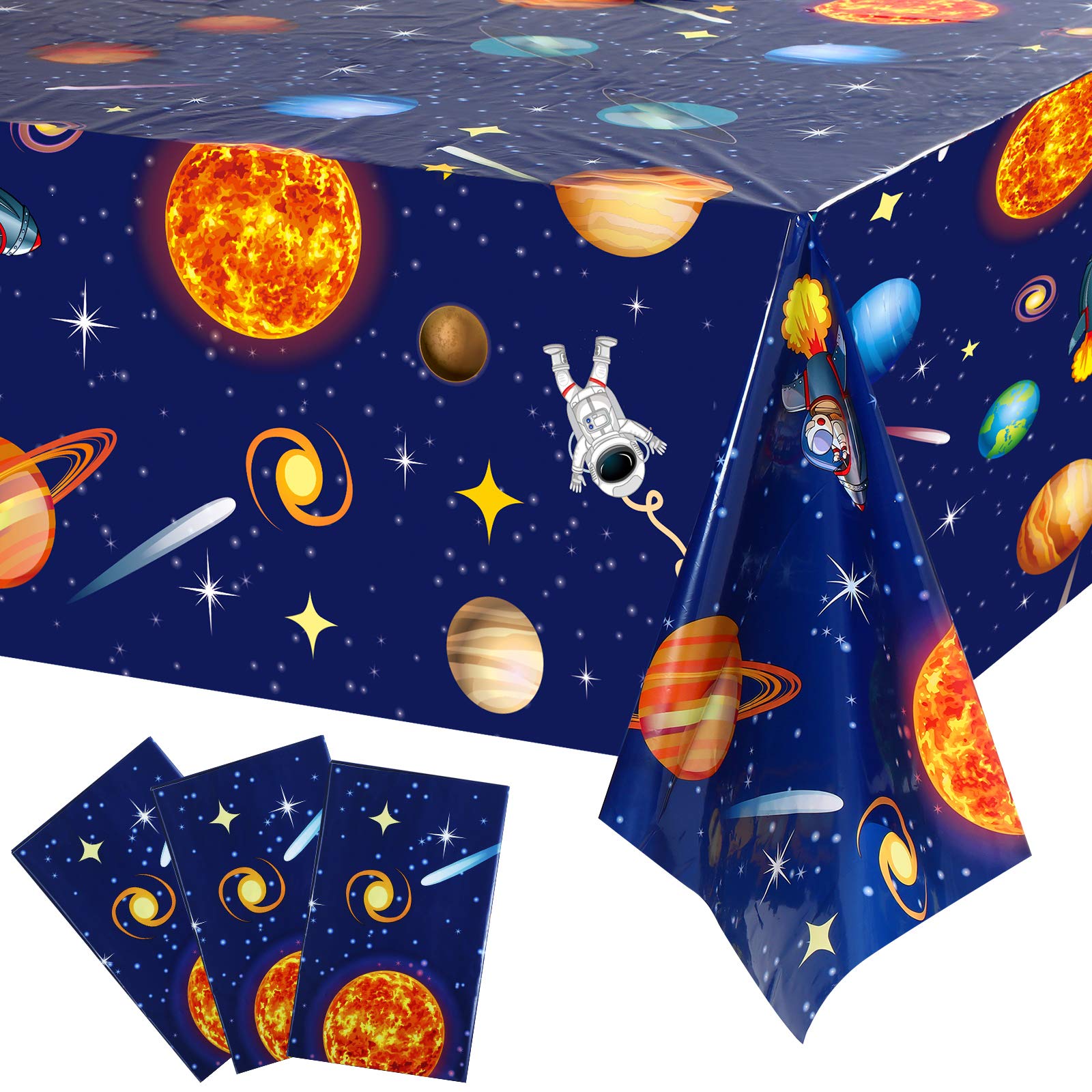 Sumind space tablecloth with planets and stars on dark blue for classroom space parties.