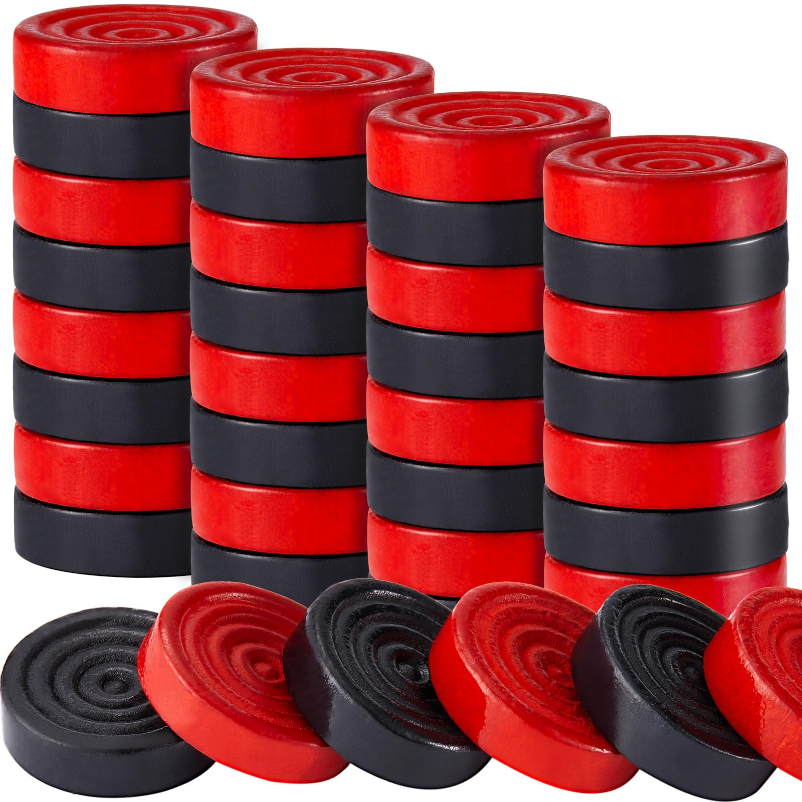 Sumind wooden checkers pieces in red and black with drawstring pouch for travel storage.
