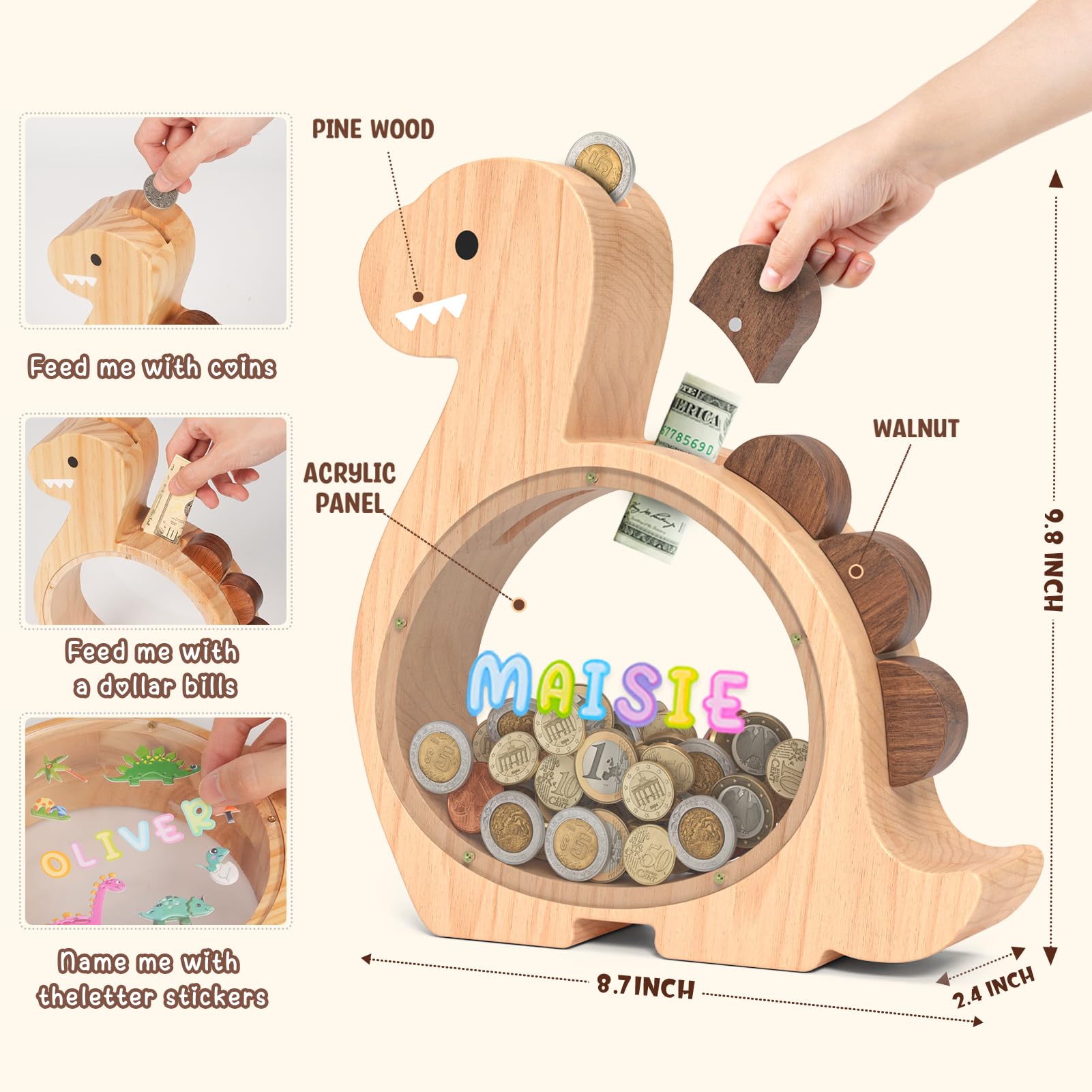 Summidate wooden dino money bank features a clear window to watch savings grow