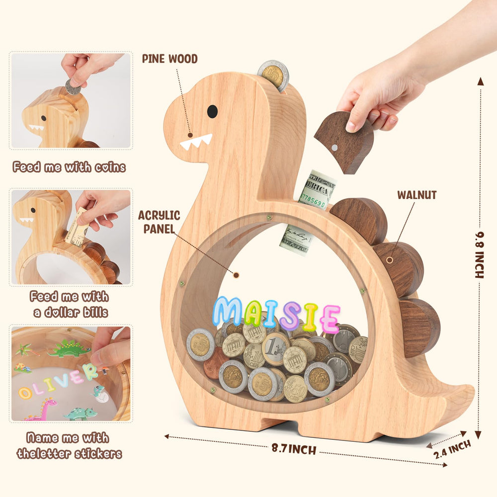 Summidate wooden dino money bank features a clear window to watch savings grow