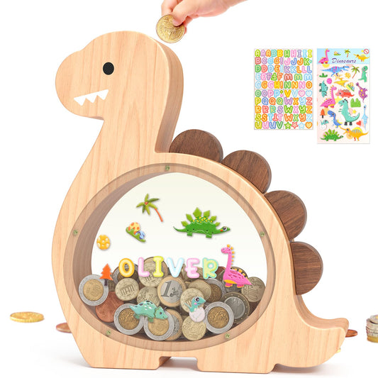 Summidate wooden dinosaur piggy bank with a playful brachiosaurus design encourages kids to save