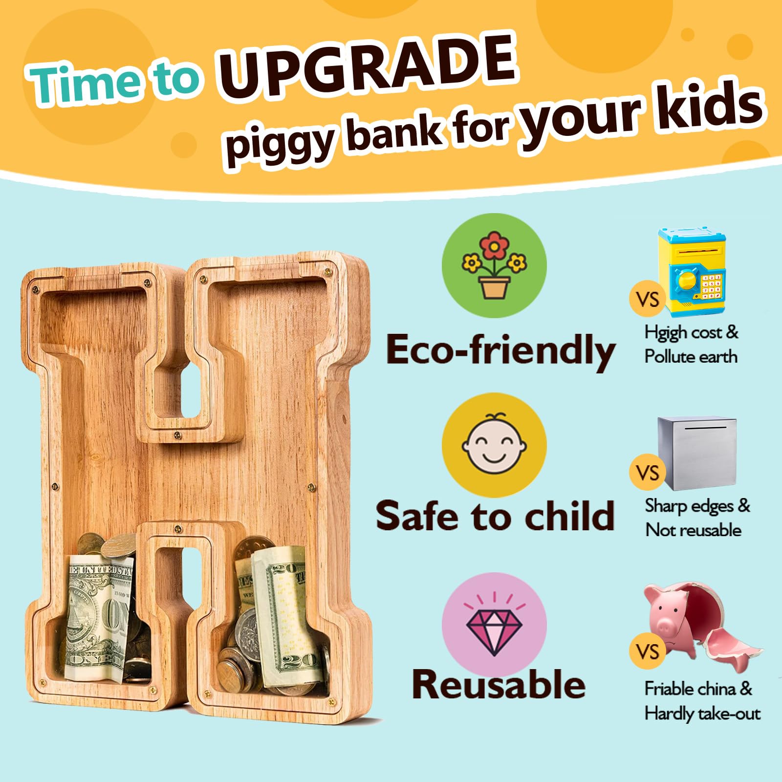 SummiDate large-size wooden letter bank emphasizes stable display on shelves