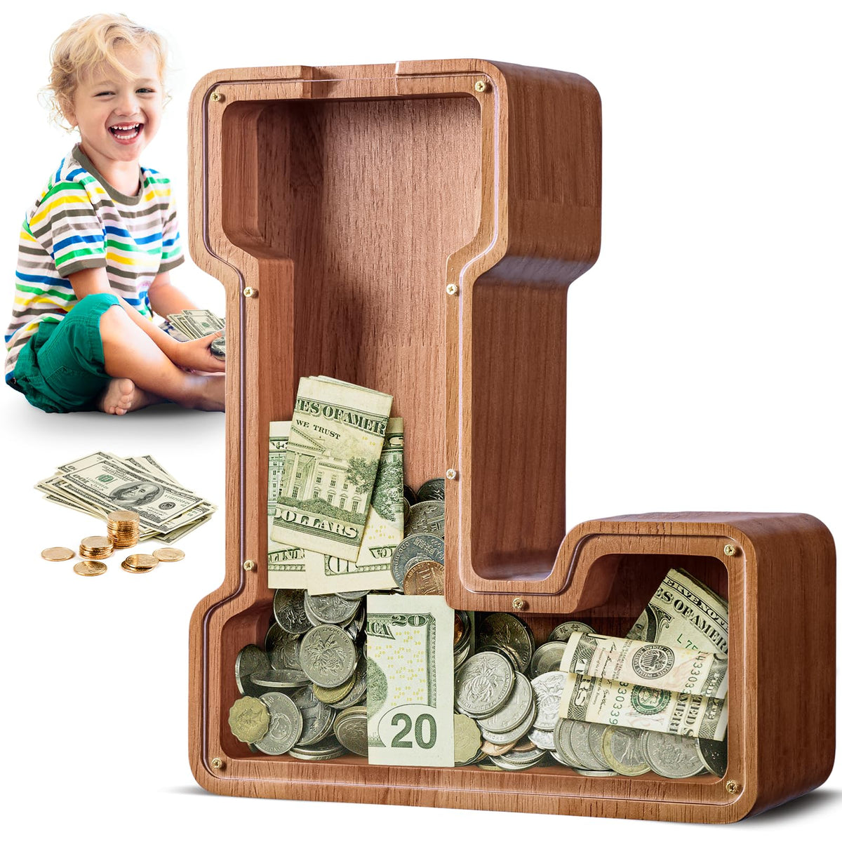Summidate large wooden piggy bank with alphabet front view, ideal for teaching kids to save.