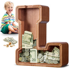 Summidate large wooden piggy bank with alphabet front view, ideal for teaching kids to save.
