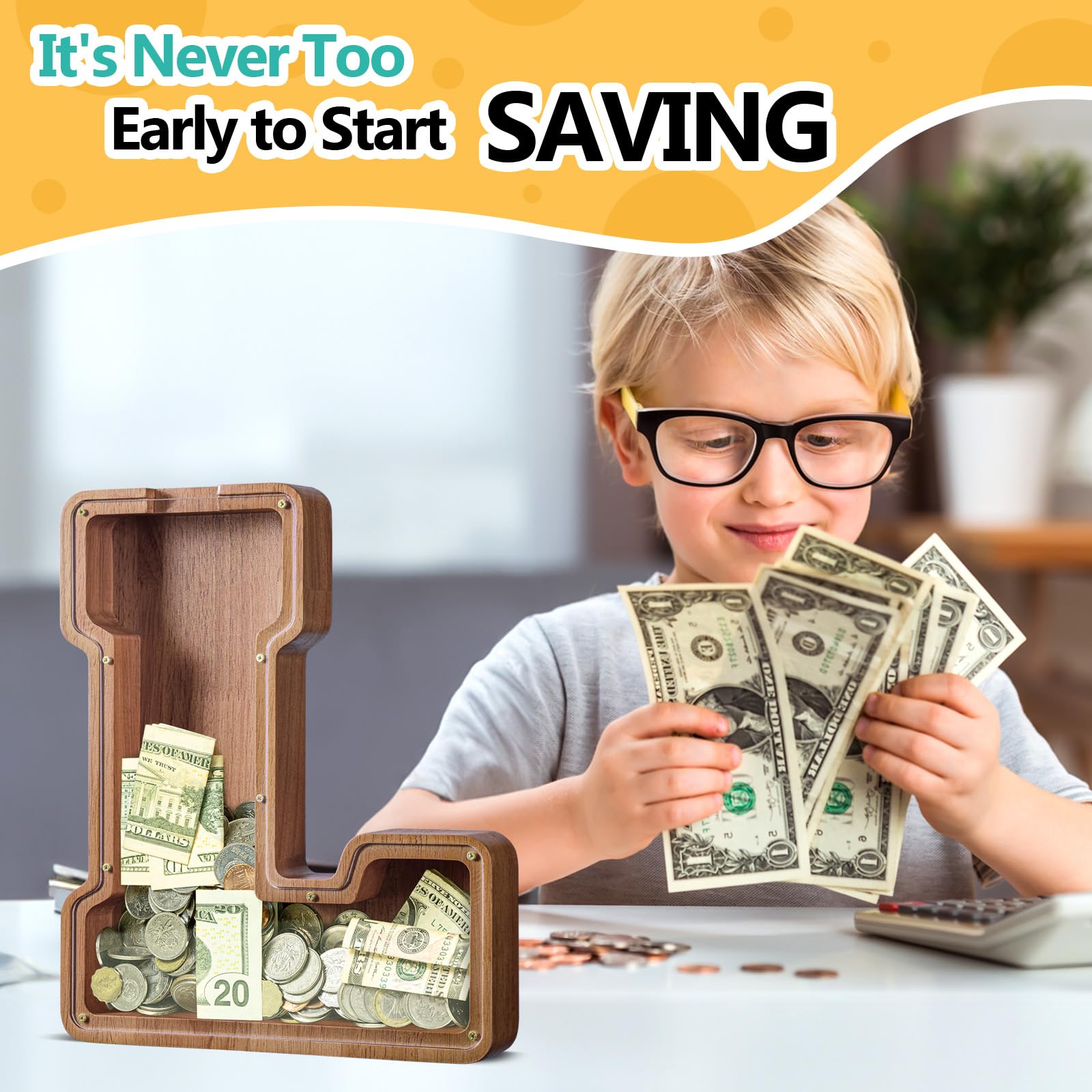 Summidate alphabet piggy bank side shot highlights generous capacity for coins.