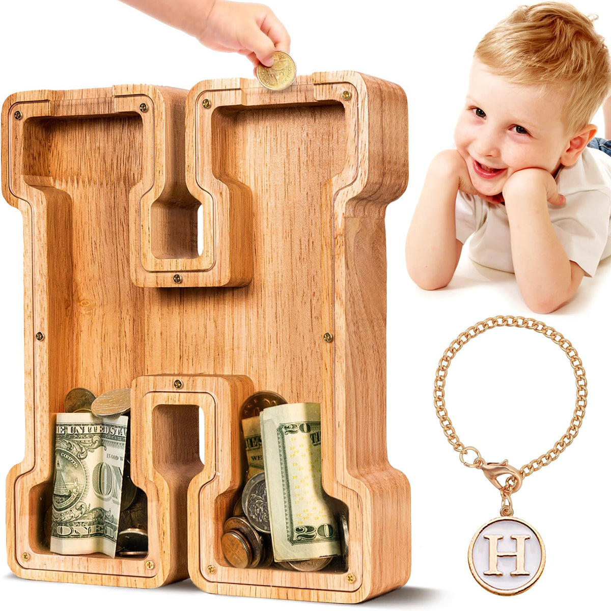 SummiDate wooden letter piggy bank front view shows visible savings progress for kids
