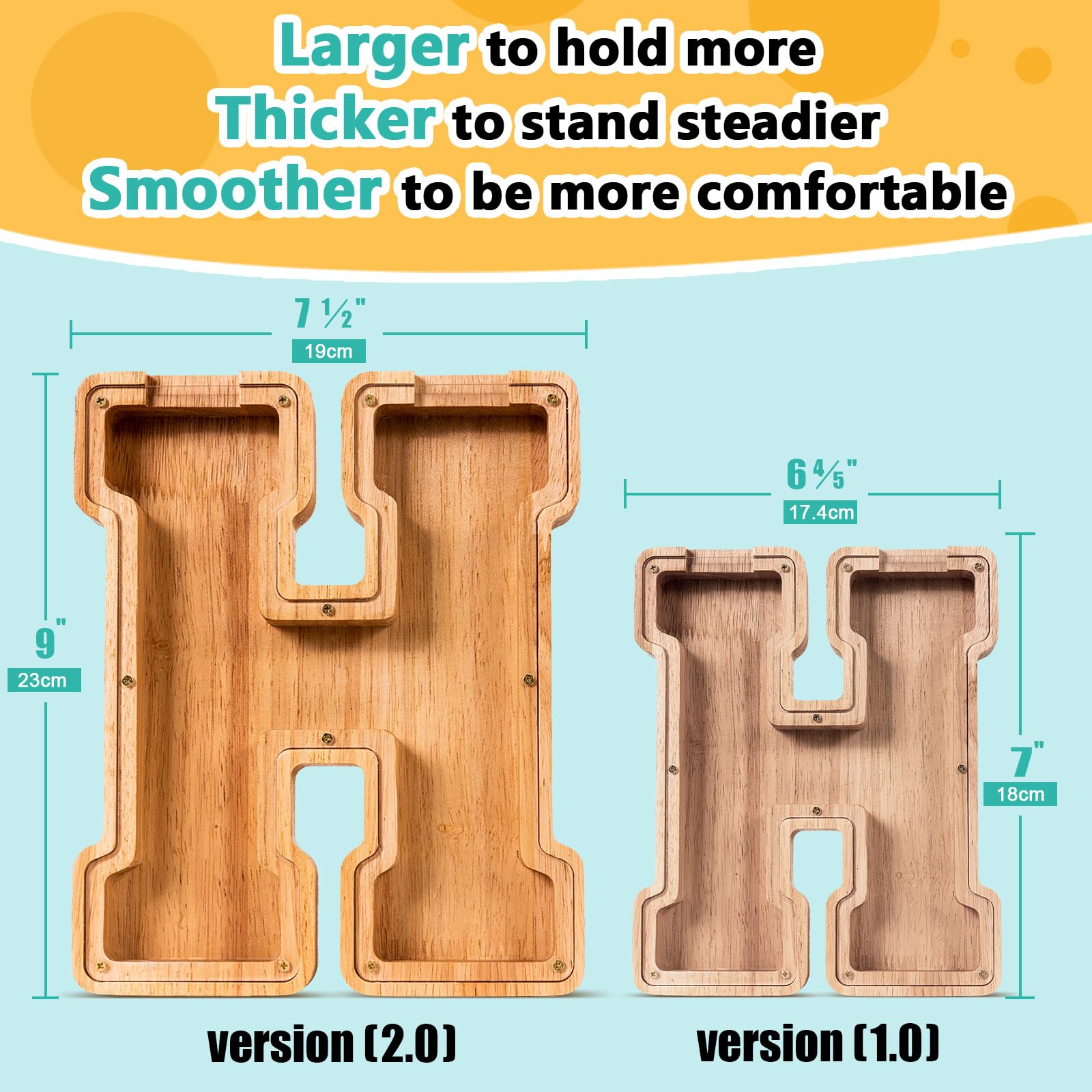 SummiDate wooden letter piggy bank side view highlights sturdy design for durability