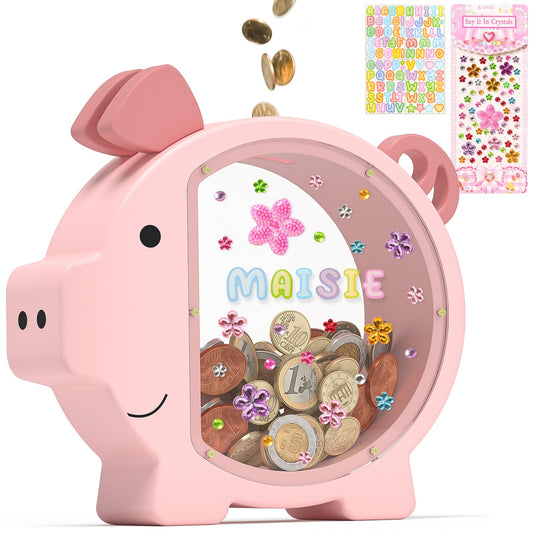 Summidate pink piggy bank with a clear window showing savings growing.