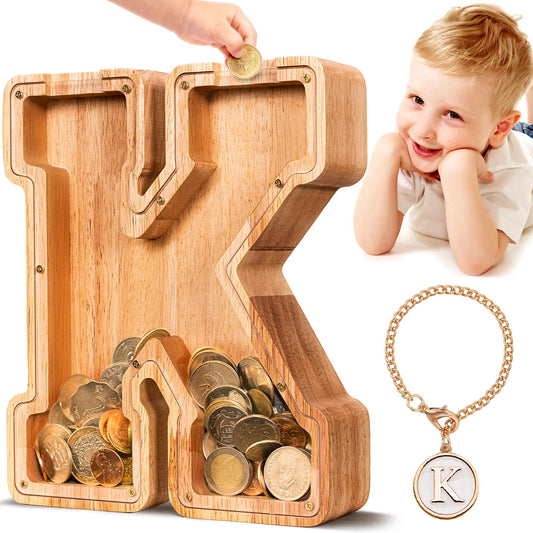 SummiDate wooden letter piggy bank front view with clear panel for easy savings tracking.