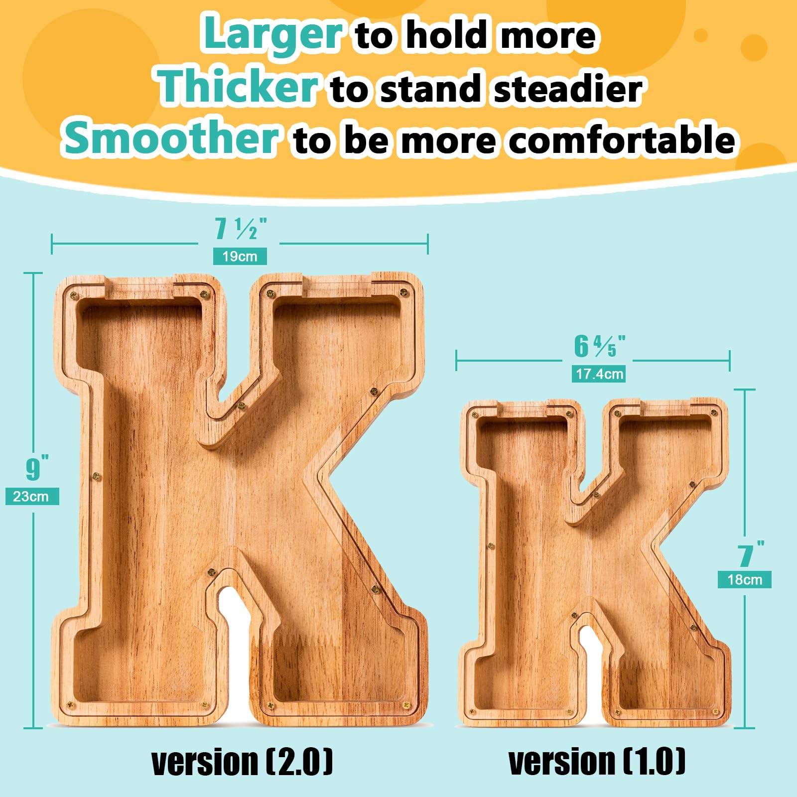 SummiDate wooden letter piggy bank side view shows sturdy design for daily use.