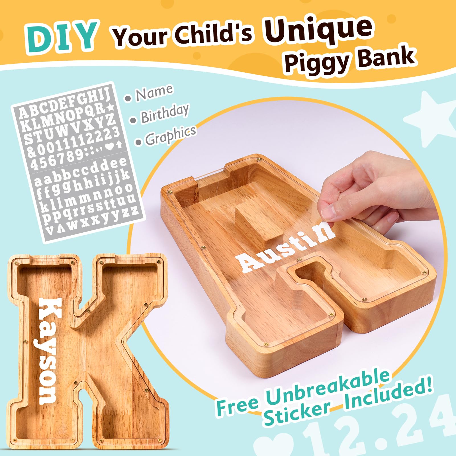 SummiDate wooden letter piggy bank transparent panel highlights visible coins and progress.