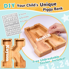 SummiDate wooden letter piggy bank transparent panel highlights visible coins and progress.