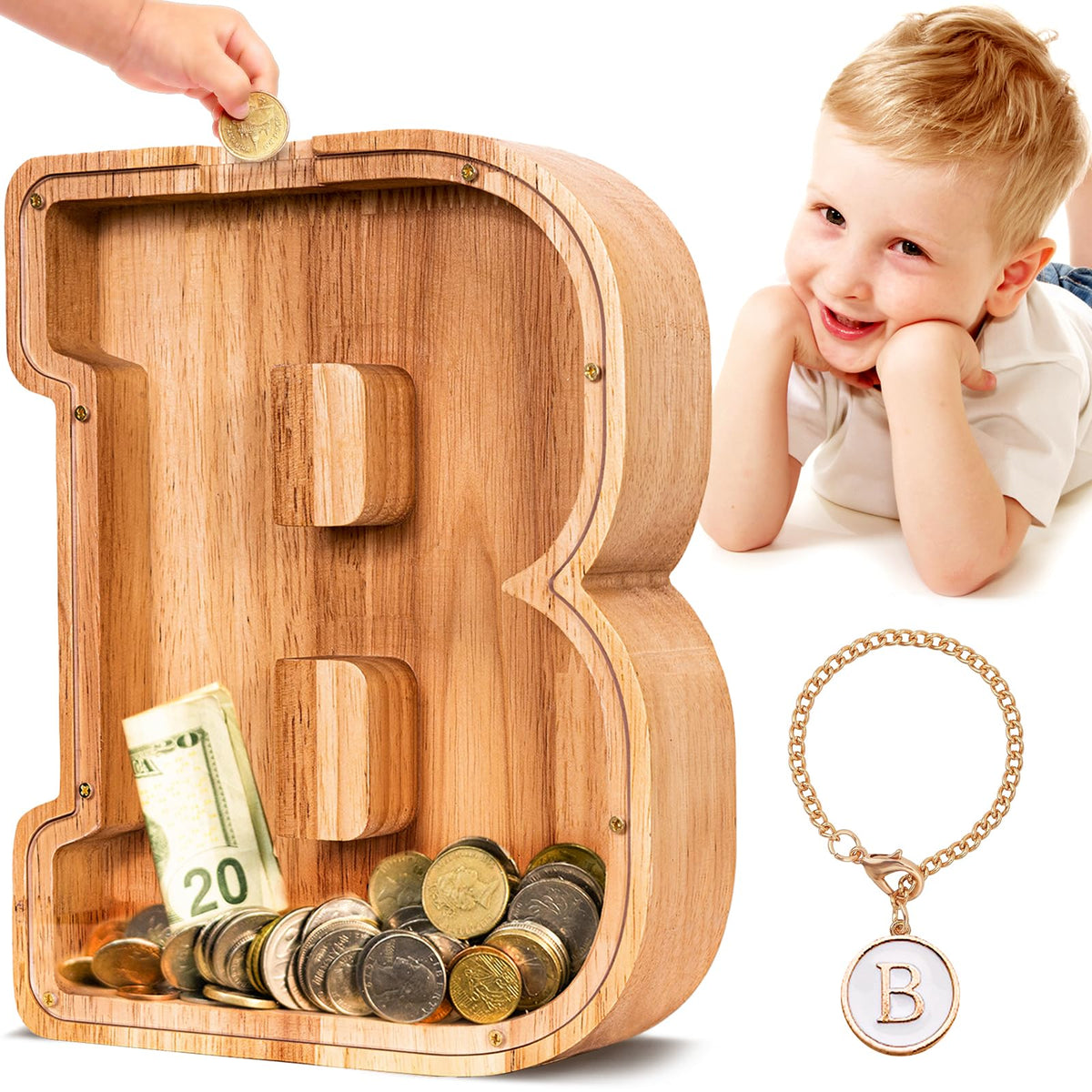 SummiDate wooden letter piggy bank front view with personalized initials.