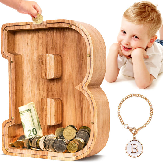 SummiDate wooden letter piggy bank front view with personalized initials.