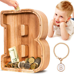 SummiDate wooden letter piggy bank front view with personalized initials.
