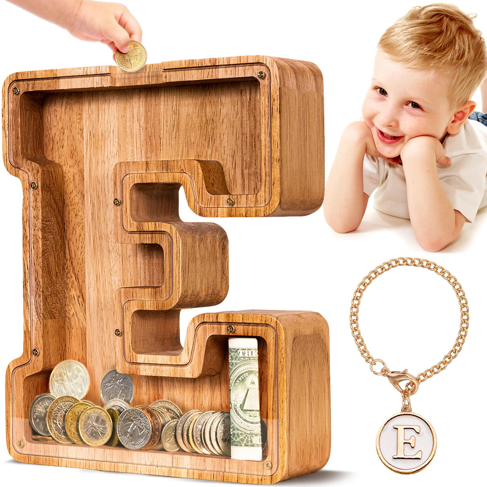SummiDate wooden letter piggy bank with acrylic window shows savings progress for kids