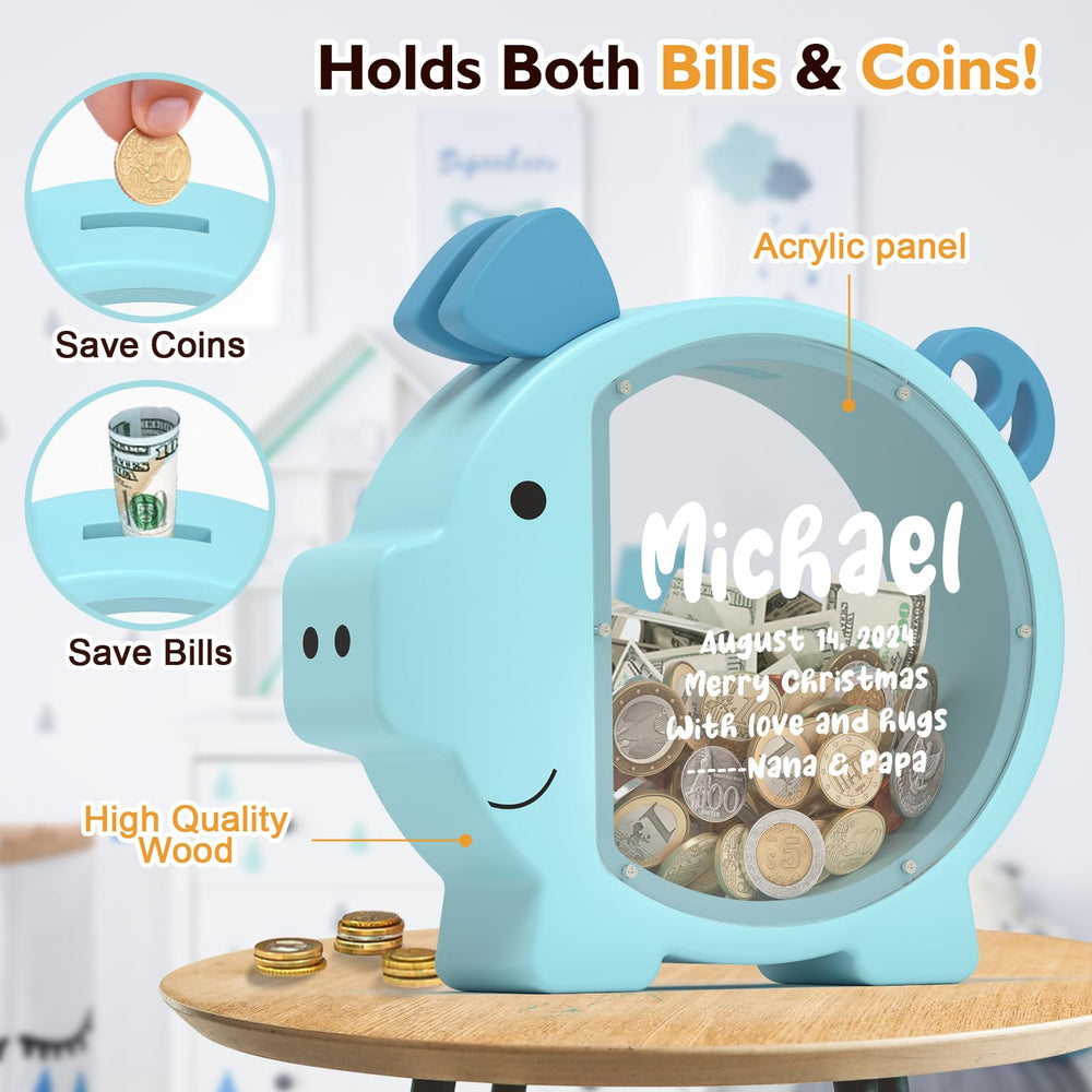 Summidate wooden piggy bank teaches delayed gratification through goal visuals.