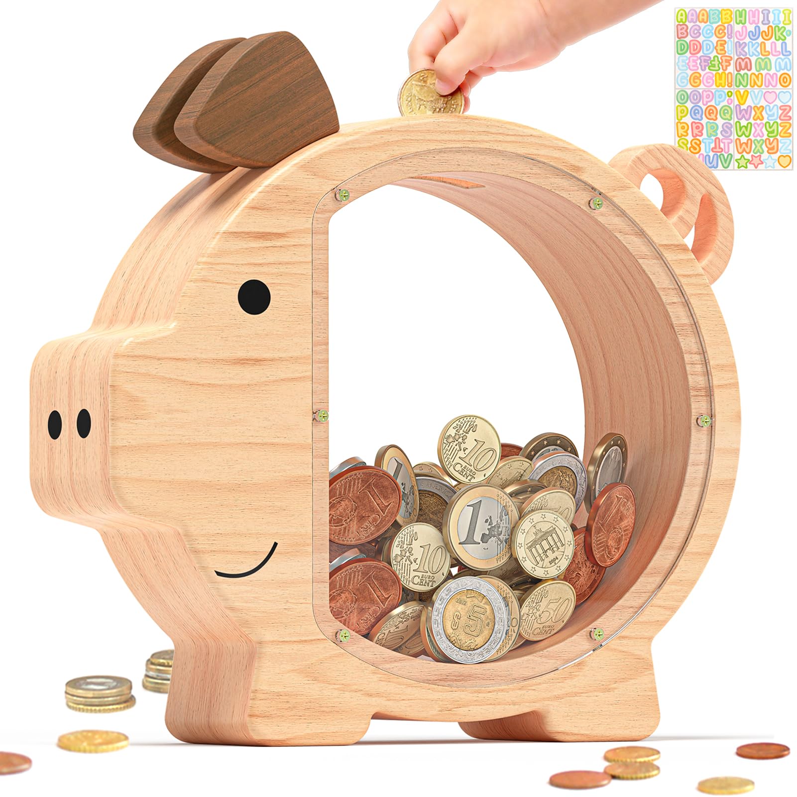 Summidate wooden piggy bank for kids with durable, kid-friendly design.