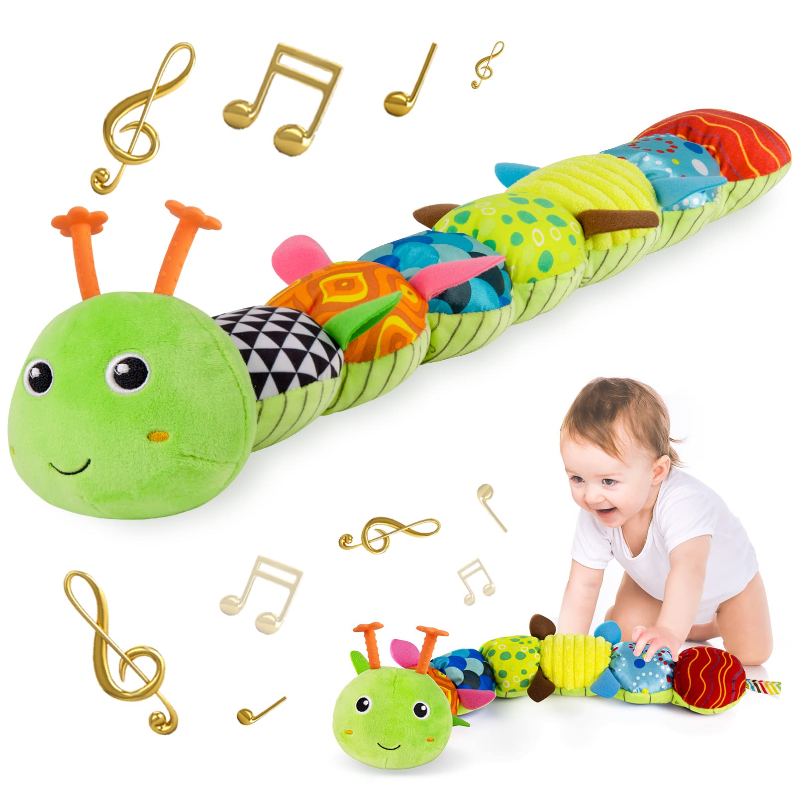 Sumobaby Caterpillar musical head offers gentle tunes for baby engagement during play.