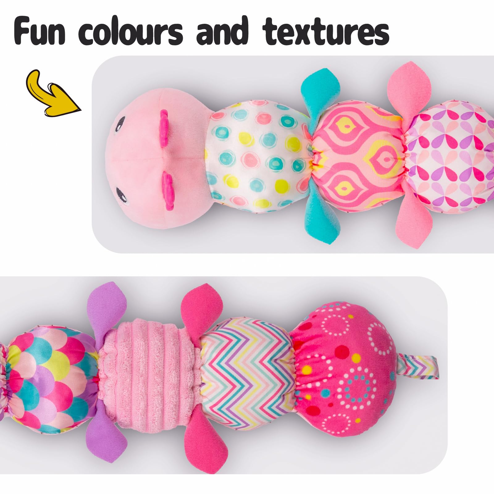 Sumobaby Caterpillar crinkle paper and squeaks highlight multi-sensory engagement.