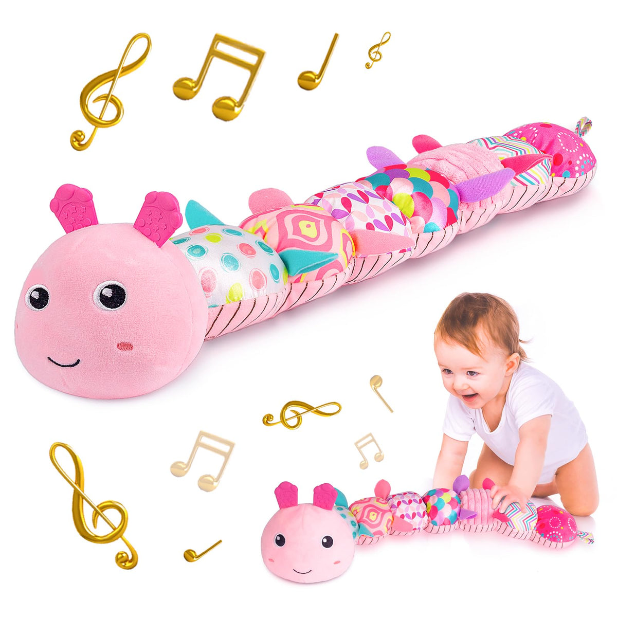 Sumobaby Caterpillar toy front view in pink, inviting visual exploration and soft play.