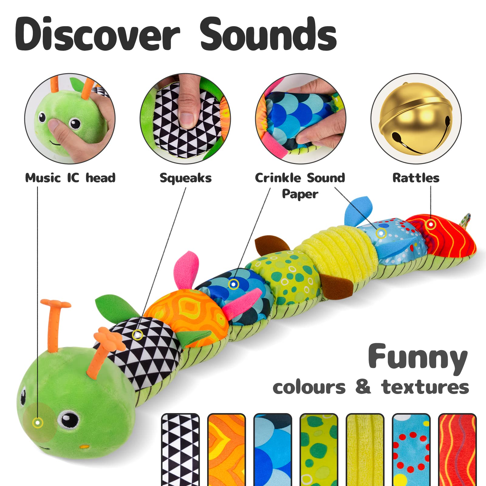 Sumobaby Caterpillar tail-rattle adds lively sounds for interactive play.