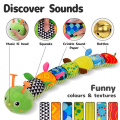 Sumobaby Caterpillar tail-rattle adds lively sounds for interactive play.