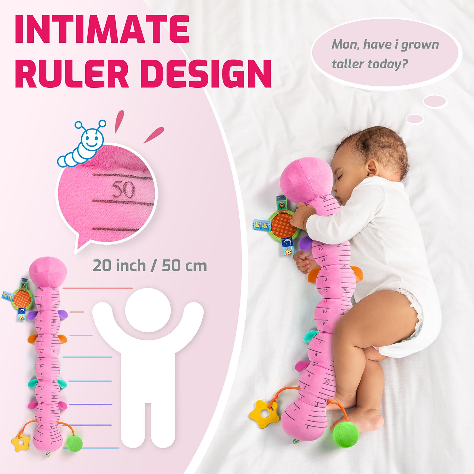 Sumobaby growth ruler on the caterpillar belly tracks milestones during tummy time.