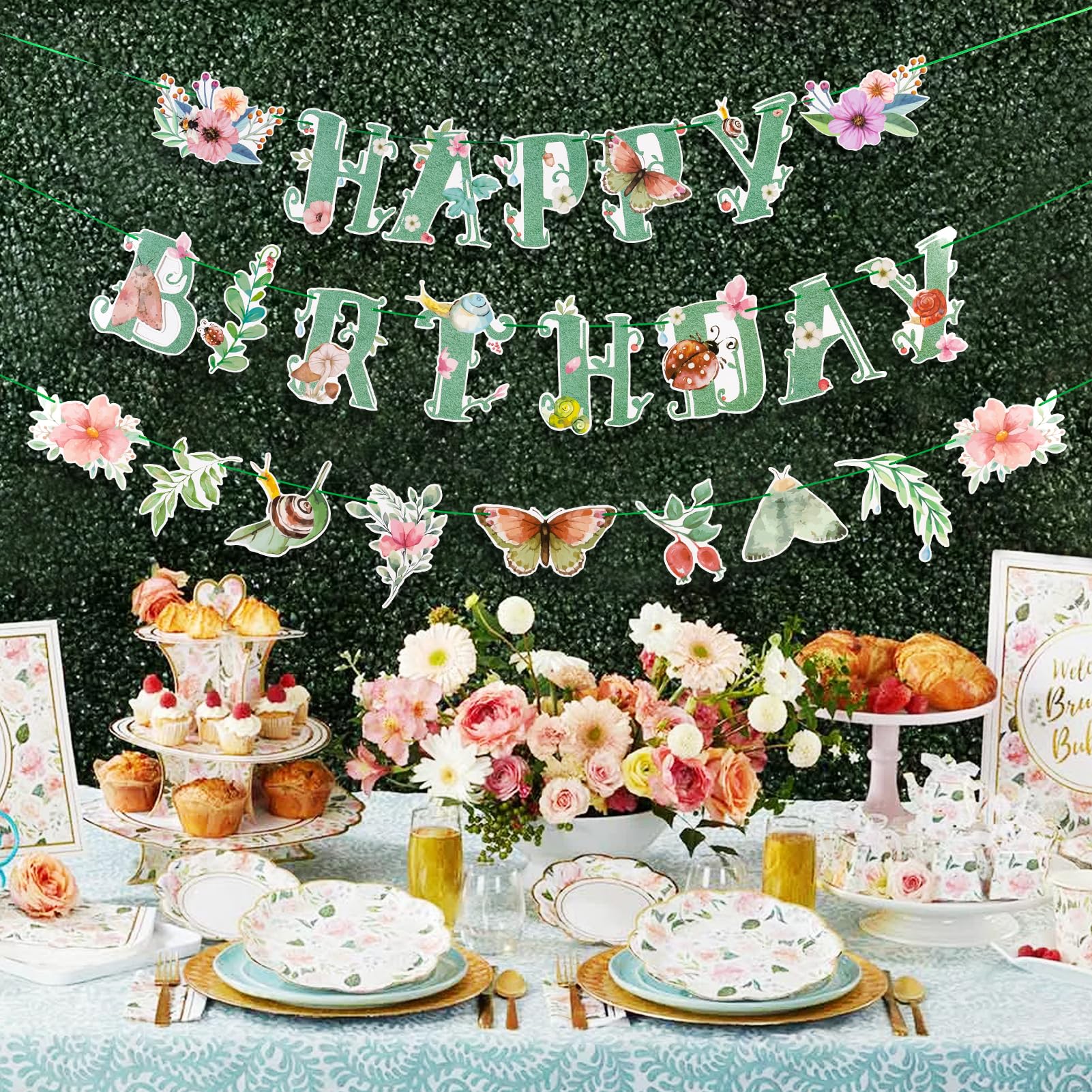 SUNBEAUTY floral accents and butterflies decorate a party backdrop.