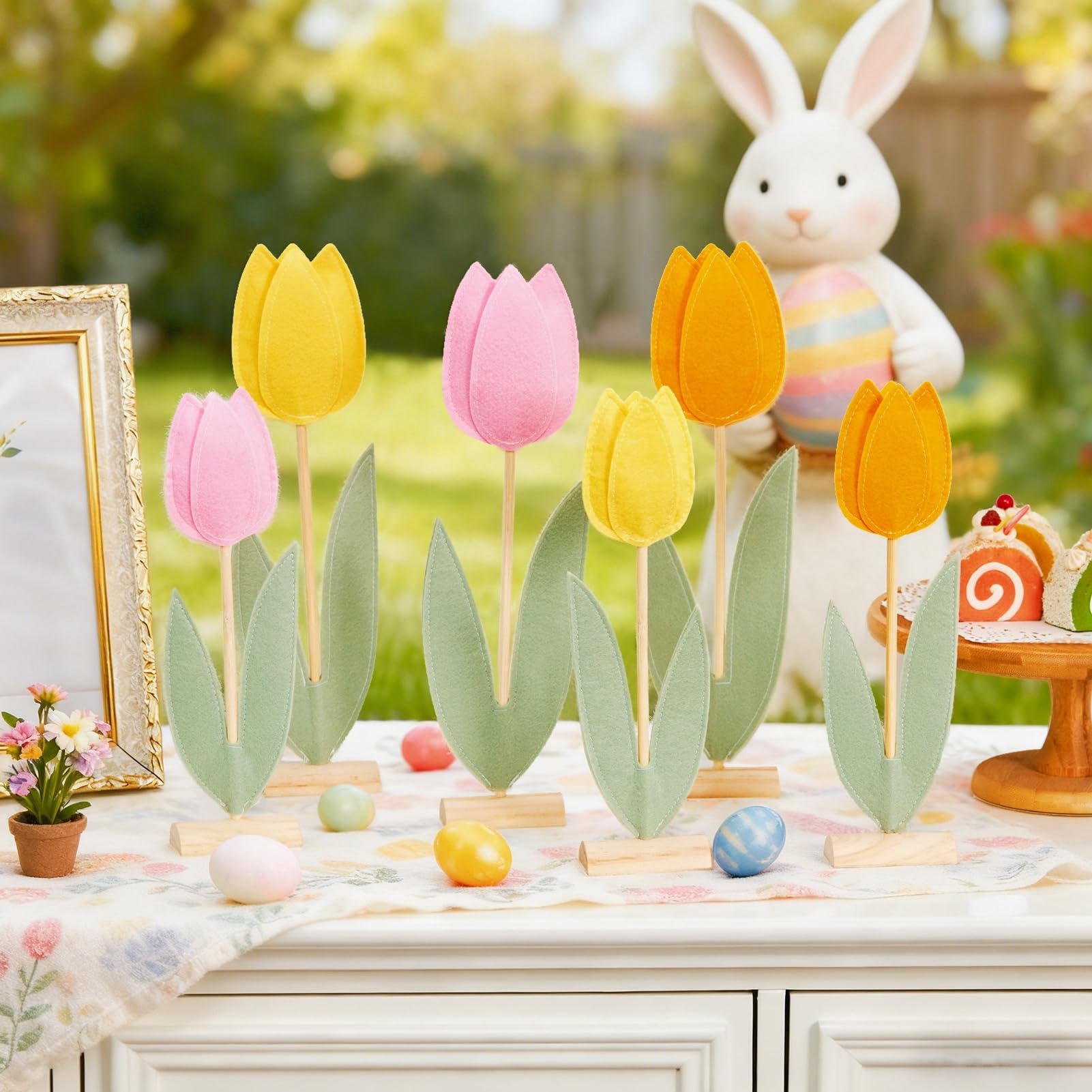 SUNBEAUTY spring tulips 6pcs pink yellow orange on wooden bases for Easter table decor