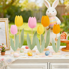 SUNBEAUTY spring tulips 6pcs pink yellow orange on wooden bases for Easter table decor