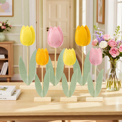 SUNBEAUTY tulips on mantel create a cozy seasonal vignette
