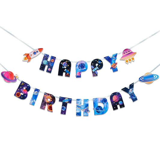 SUNBEAUTY Universe banner with happy birthday letters for space-themed party decor, reusable