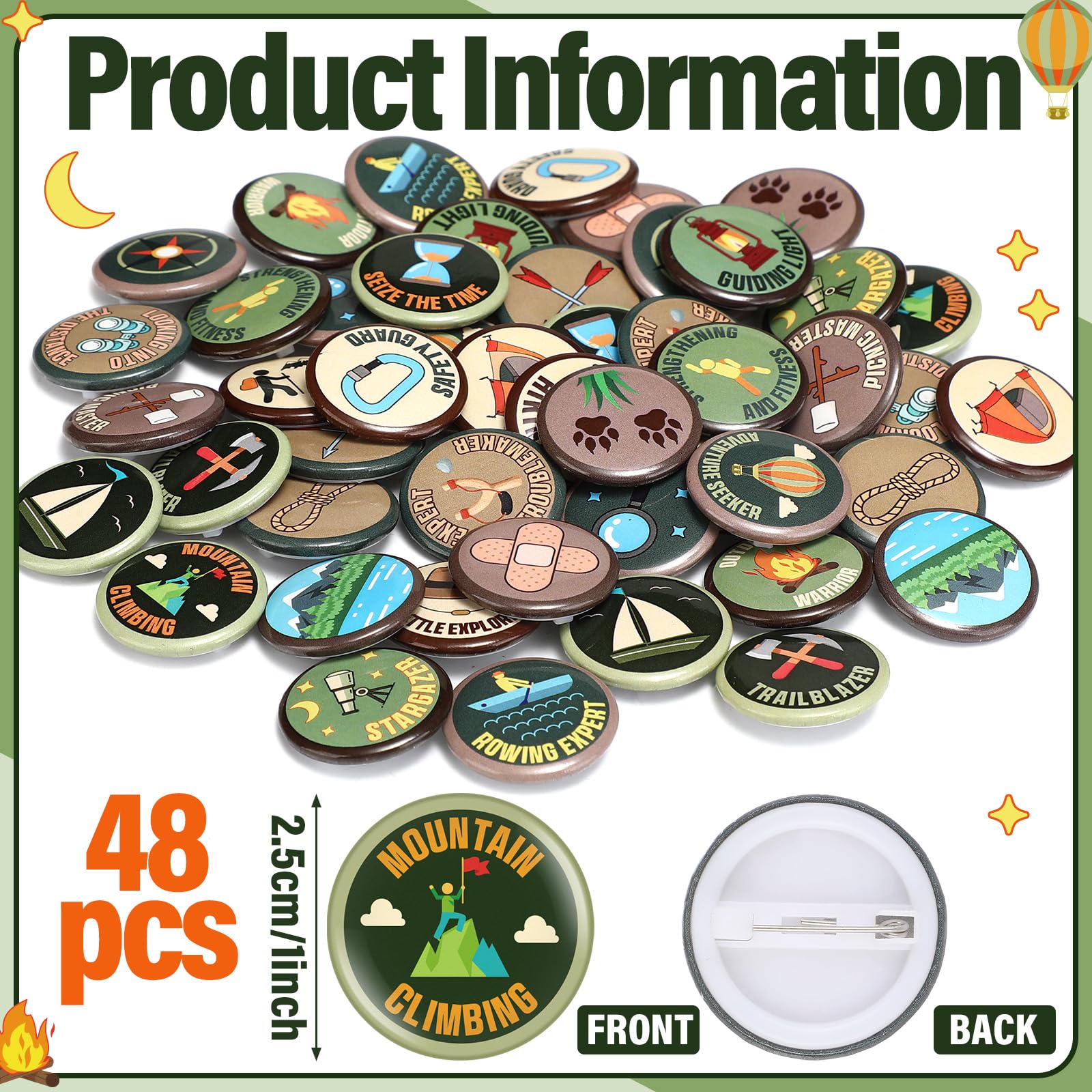 Suncalla 1-inch scout pins ideal for jackets and bags, adding adventure flair