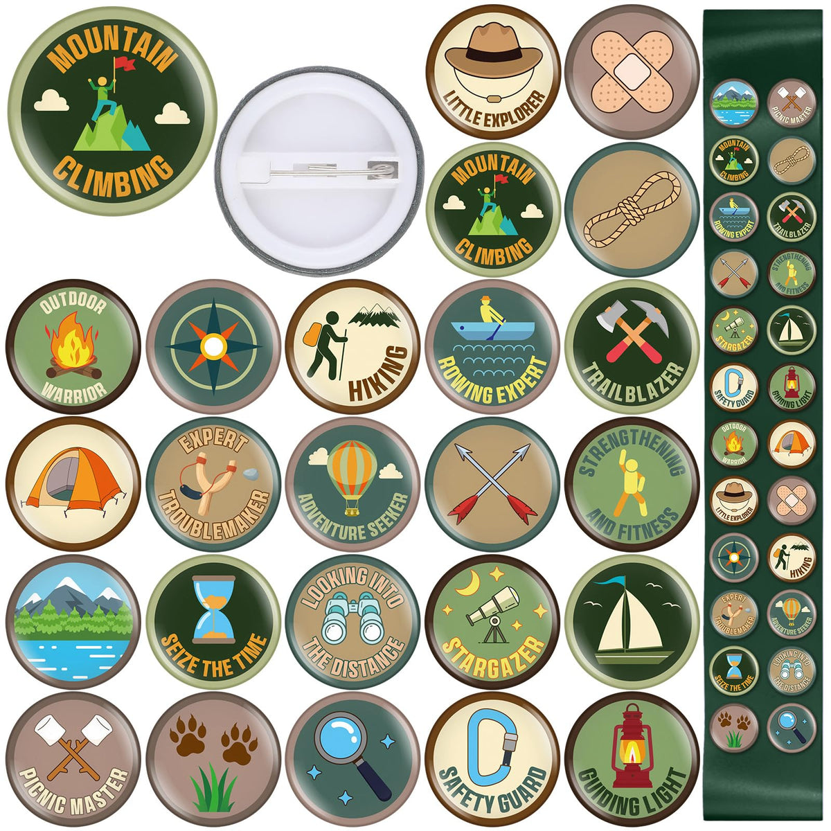 Suncalla 48-piece camping pins set on a backpack, ready for outdoor events