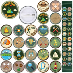 Suncalla 48-piece camping pins set on a backpack, ready for outdoor events