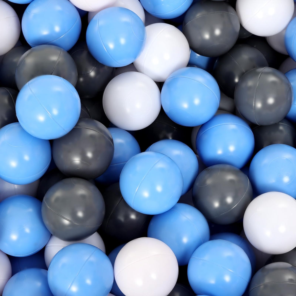Suncuber ball pit balls in grey, white, and blue for safe toddler playtime.