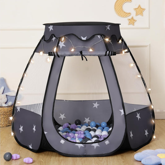Suncuber Pop Up Play Tent with star light enhances cozy evening playtime.