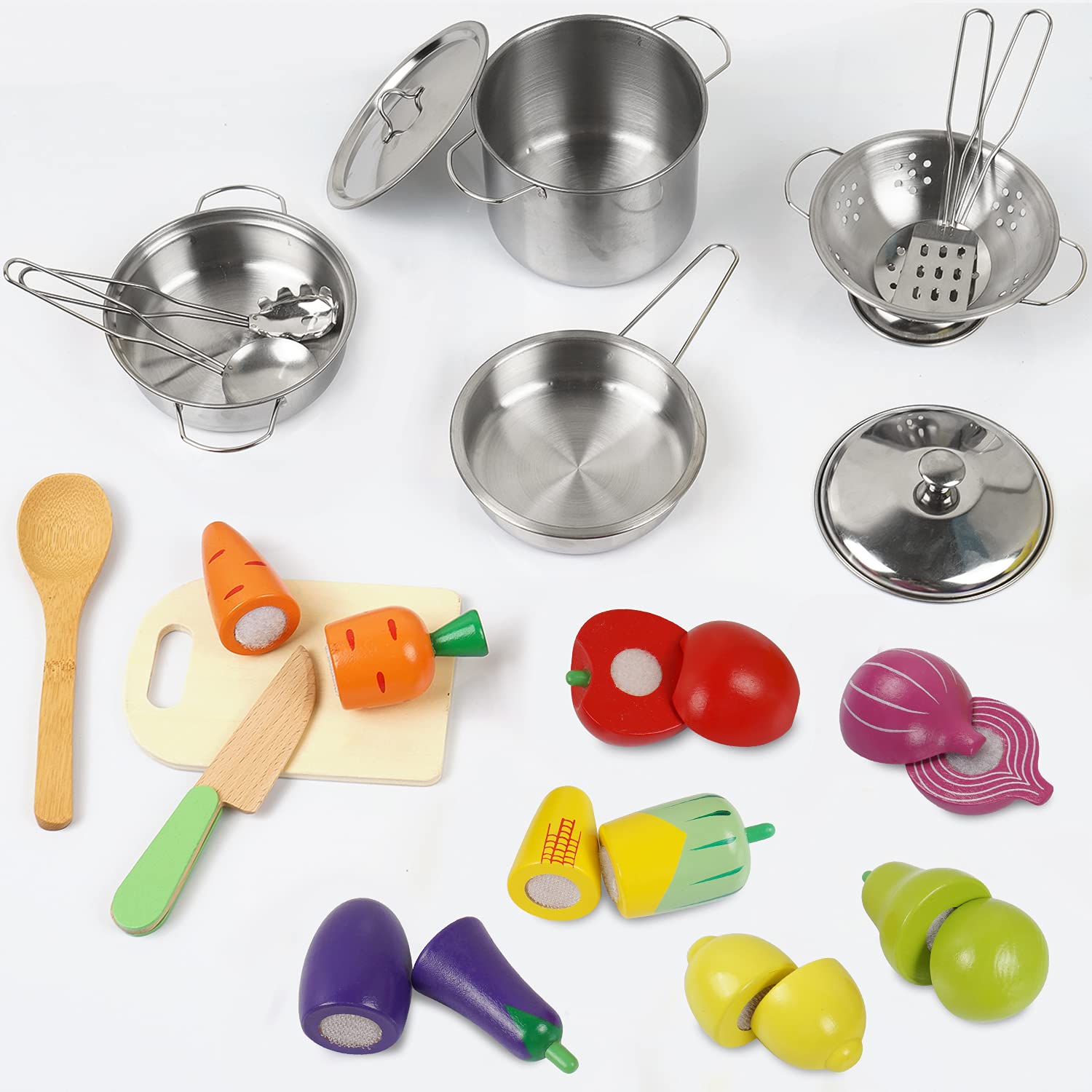 Sundaymot wooden fruits and vegetables with textured natural surfaces for realistic play